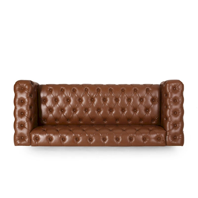 Faux Leather Button Tufted 3-seater Sofa with Wood Legs