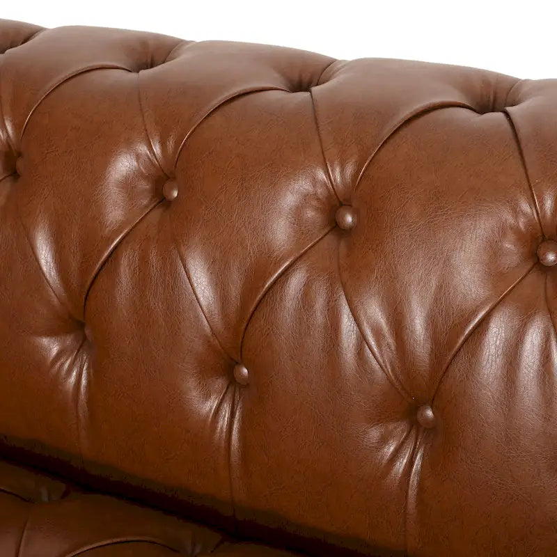 Faux Leather Button Tufted 3-seater Sofa with Wood Legs