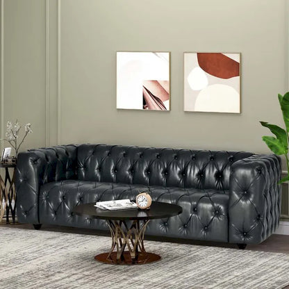 Faux Leather Button Tufted 3-seater Sofa with Wood Legs