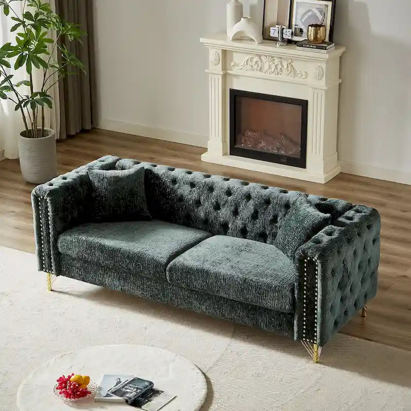Green Chenille Tufted Upholstered 3-seater Sofa with Metal Legs