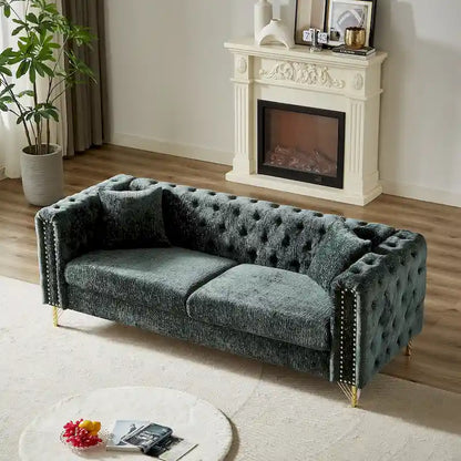 Green Chenille Tufted Upholstered 3-seater Sofa with Metal Legs