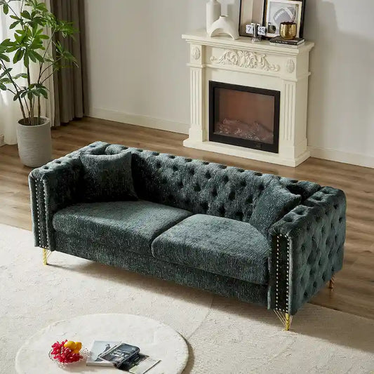 Green Chenille Tufted Upholstered 3-seater Sofa with Metal Legs