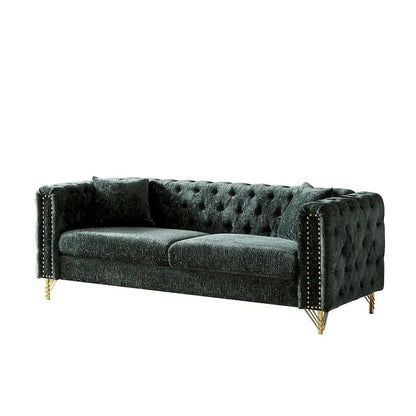 Green Chenille Tufted Upholstered 3-seater Sofa with Metal Legs