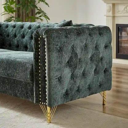 Green Chenille Tufted Upholstered 3-seater Sofa with Metal Legs