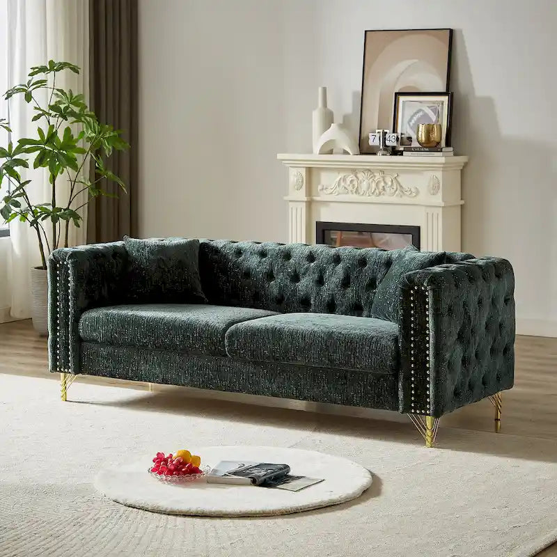 Green Chenille Tufted Upholstered 3-seater Sofa with Metal Legs