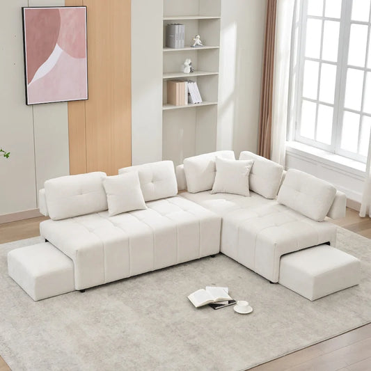 91.73  L-Shaped 4 Seater Sectional Sofa with 2 Hidden Stools, 2 Removable Lumbar Pillows, and Durable Chenille Upholstery