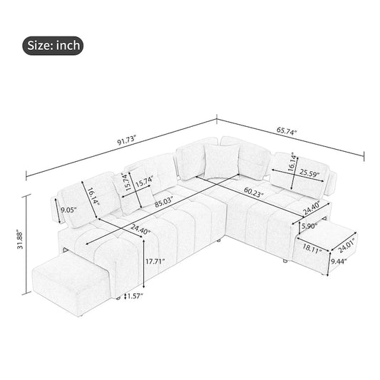 91.73  L-Shaped 4 Seater Sectional Sofa with 2 Hidden Stools, 2 Removable Lumbar Pillows, and Durable Chenille Upholstery