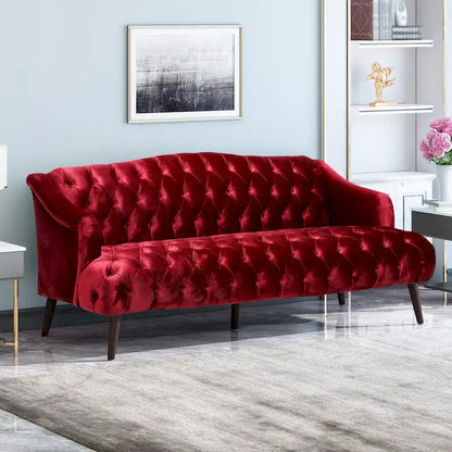Wine Red Modern 73.25  Button Tufted 3-seater Sofa with Birch Wood Legs for Living Room