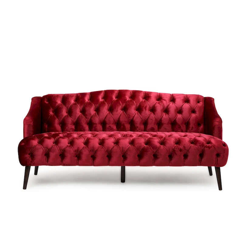 Wine Red Modern 73.25  Button Tufted 3-seater Sofa with Birch Wood Legs for Living Room