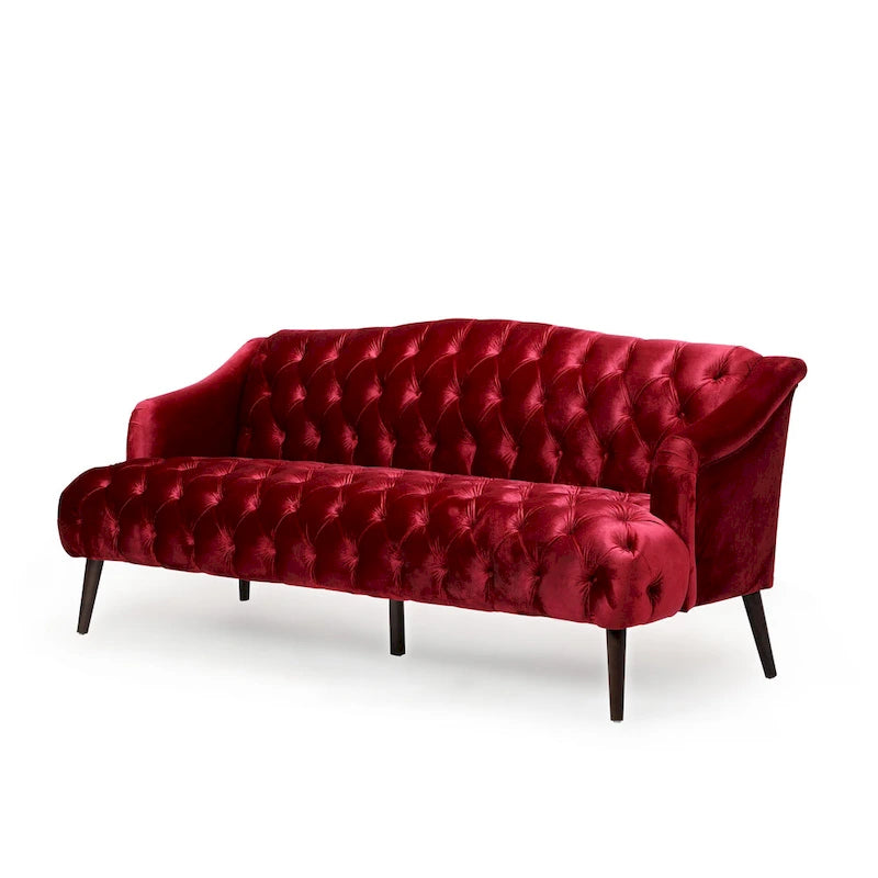 Wine Red Modern 73.25  Button Tufted 3-seater Sofa with Birch Wood Legs for Living Room