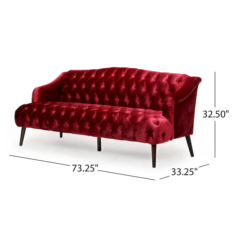 Wine Red Modern 73.25  Button Tufted 3-seater Sofa with Birch Wood Legs for Living Room