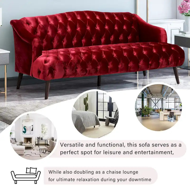Wine Red Modern 73.25  Button Tufted 3-seater Sofa with Birch Wood Legs for Living Room