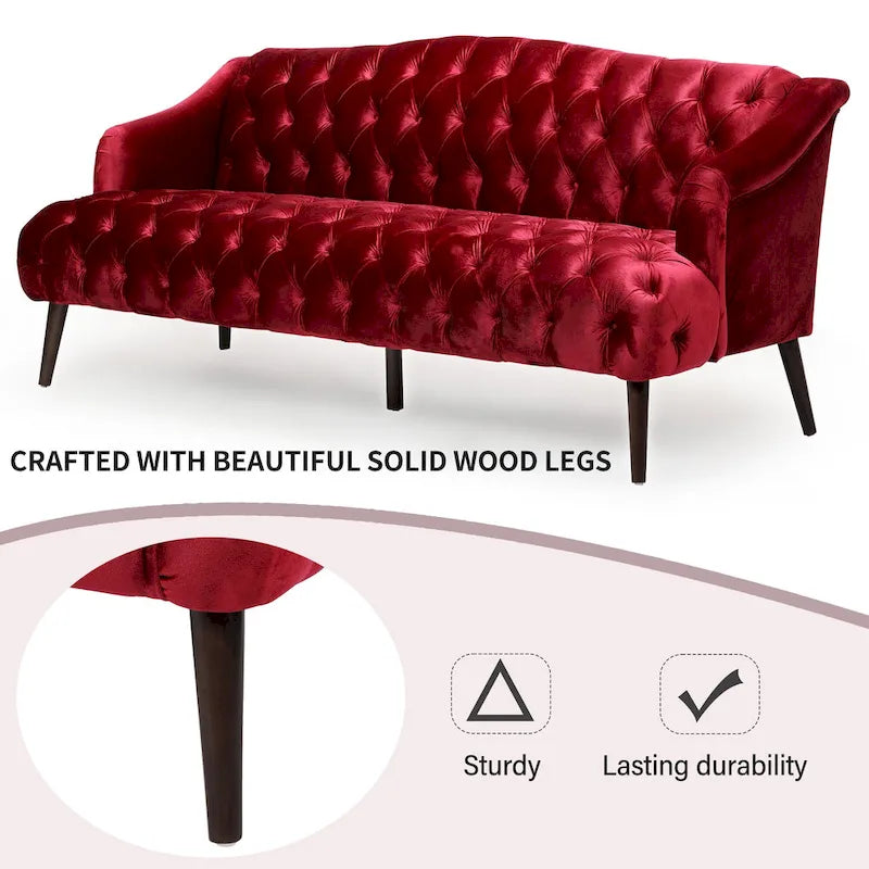 Wine Red Modern 73.25  Button Tufted 3-seater Sofa with Birch Wood Legs for Living Room