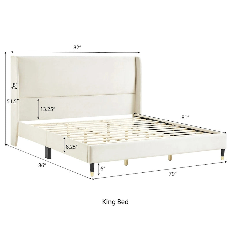 Letto matrimoniale king size beige con testiera in velluto e testata ad ali di pipistrello
