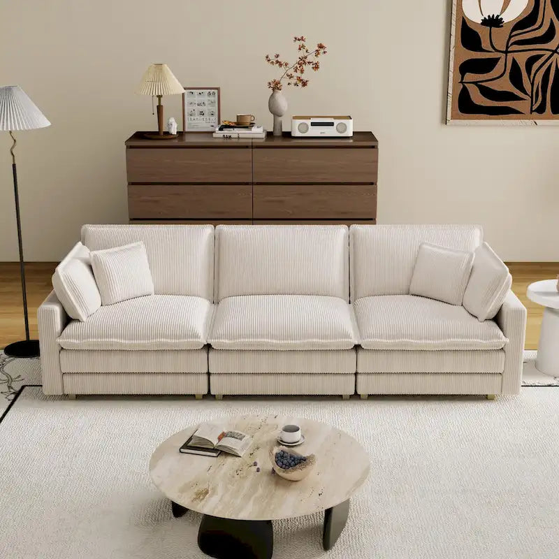 103  Corduroy Modern Classic 4-Seater Sofa with Deep Seat & 4 Pillows