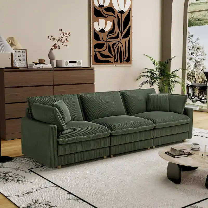 103  Corduroy Modern Classic 4-Seater Sofa with Deep Seat & 4 Pillows