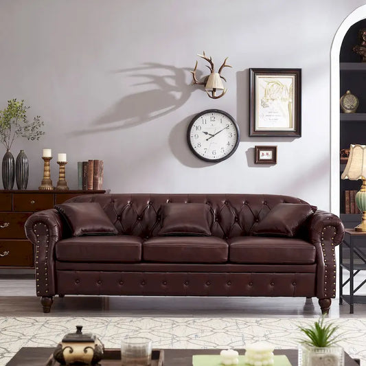 85.8  Technical Leather 3-Seater Sofa with Tufted Backrest & Storage