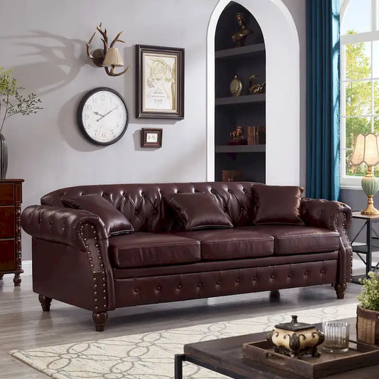85.8  Technical Leather 3-Seater Sofa with Tufted Backrest & Storage