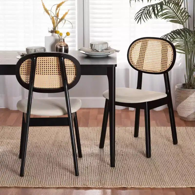 Baxton Studio 2pc Darrion Fabric and Wood Dining Chairs Cream/Black/Light Brown: Polyester Upholstery, Rubberwood Frame