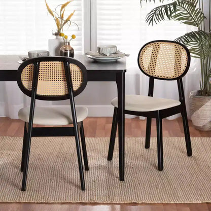Baxton Studio 2pc Darrion Fabric and Wood Dining Chairs Cream/Black/Light Brown: Polyester Upholstery, Rubberwood Frame