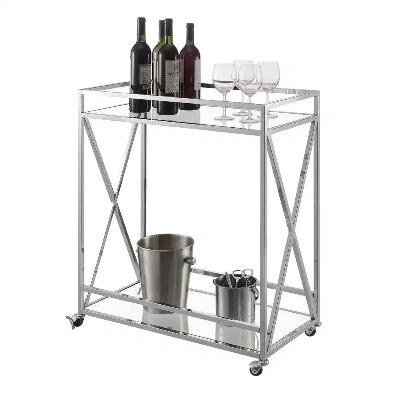 Breighton Home Oxford Chrome Glass Bar Cart with Shelf Glass/Chrome: Contemporary Style, Wheeled, Metal Frame