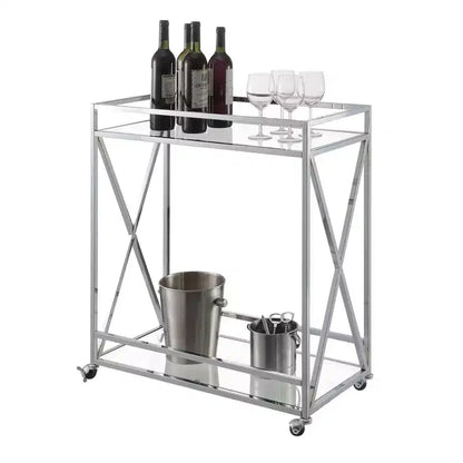 Breighton Home Oxford Chrome Glass Bar Cart with Shelf Glass/Chrome: Contemporary Style, Wheeled, Metal Frame