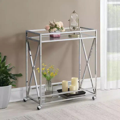 Breighton Home Oxford Chrome Glass Bar Cart with Shelf Glass/Chrome: Contemporary Style, Wheeled, Metal Frame