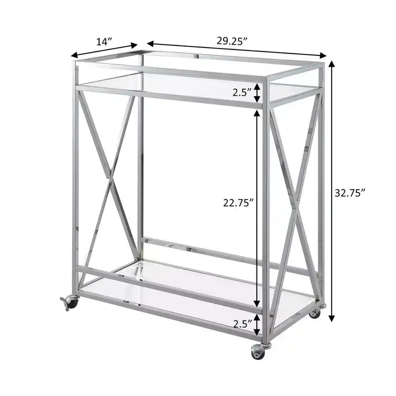 Breighton Home Oxford Chrome Glass Bar Cart with Shelf Glass/Chrome: Contemporary Style, Wheeled, Metal Frame