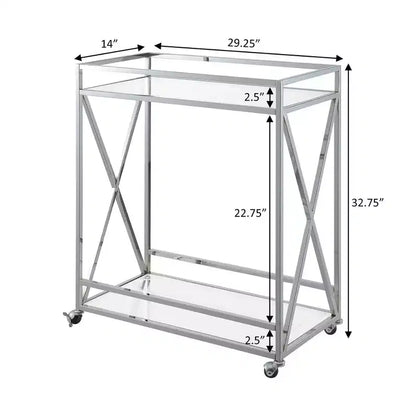 Breighton Home Oxford Chrome Glass Bar Cart with Shelf Glass/Chrome: Contemporary Style, Wheeled, Metal Frame