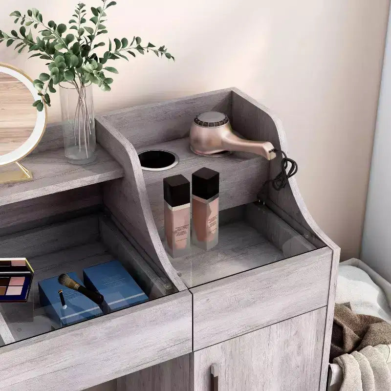 24/7 Shop At Home 49" Peacemeld Tavolo da trucco contemporaneo a 3 cassetti con piano in vetro Coastal White: Toeletta da camera con ampio spazio di archiviazione