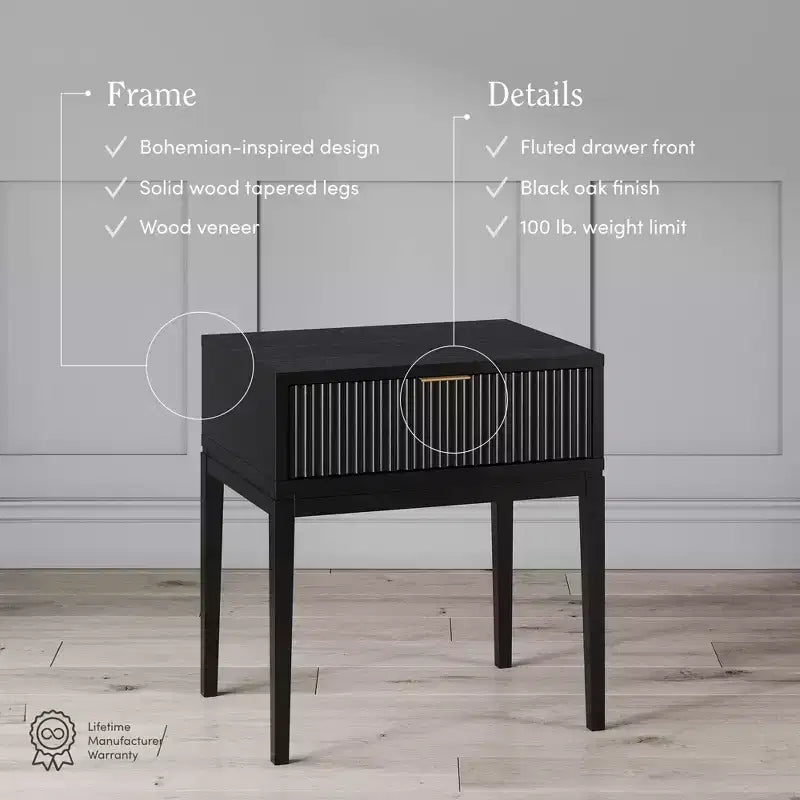 Nathan James Jasper Wood Fluted Nightstand Black