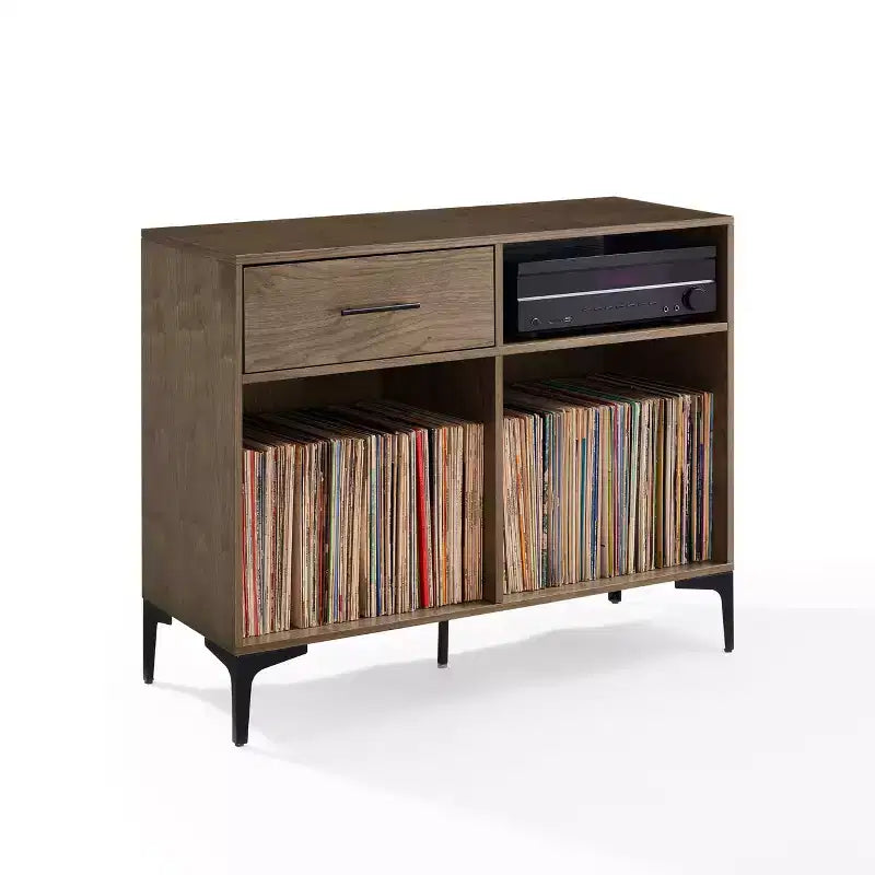 Crosley 40" Sydney Record Storage Media Console Walnut: Vinyl Holder, Media Cabinet with Open Shelves