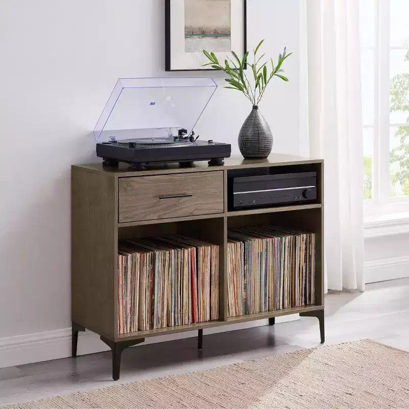 Crosley 40" Sydney Mobile TV Porta Dischi Noce: Porta Vinili, Mobile Multimediale con Ripiani Aperti