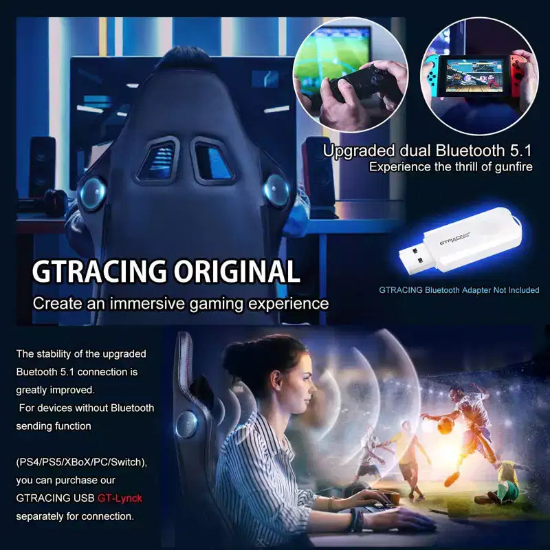 Sedia da gaming GTRACING con altoparlanti Bluetooth, schienale alto, sedia da ufficio in PU, nera
