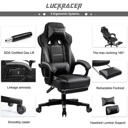 LUCKRACER Sedia da Gaming con Poggiapiedi, Sedia da Ufficio con Schienale Alto per Computer, Grigia