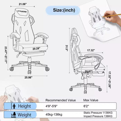 GTRACING Gaming Chair Mesh Computer Chair Ergonomic Recliner with Footrest White