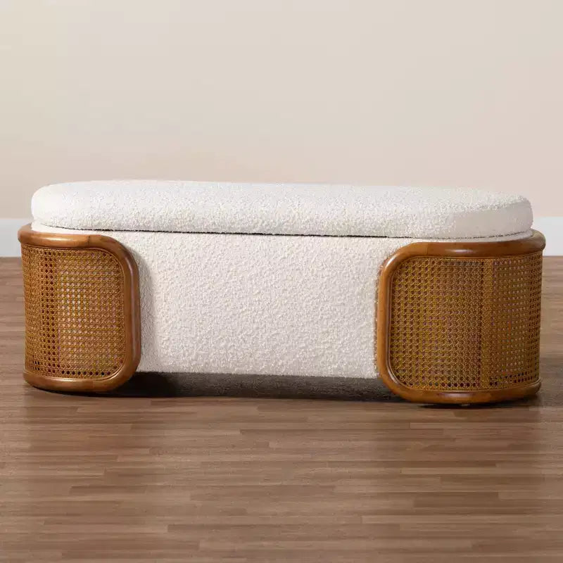 Baxton Studio Basira Boucle Fabric Storage Bench: Lift-Top, Oval, Japandi Style