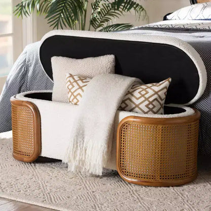 Baxton Studio Basira Boucle Fabric Storage Bench: Lift-Top, Oval, Japandi Style