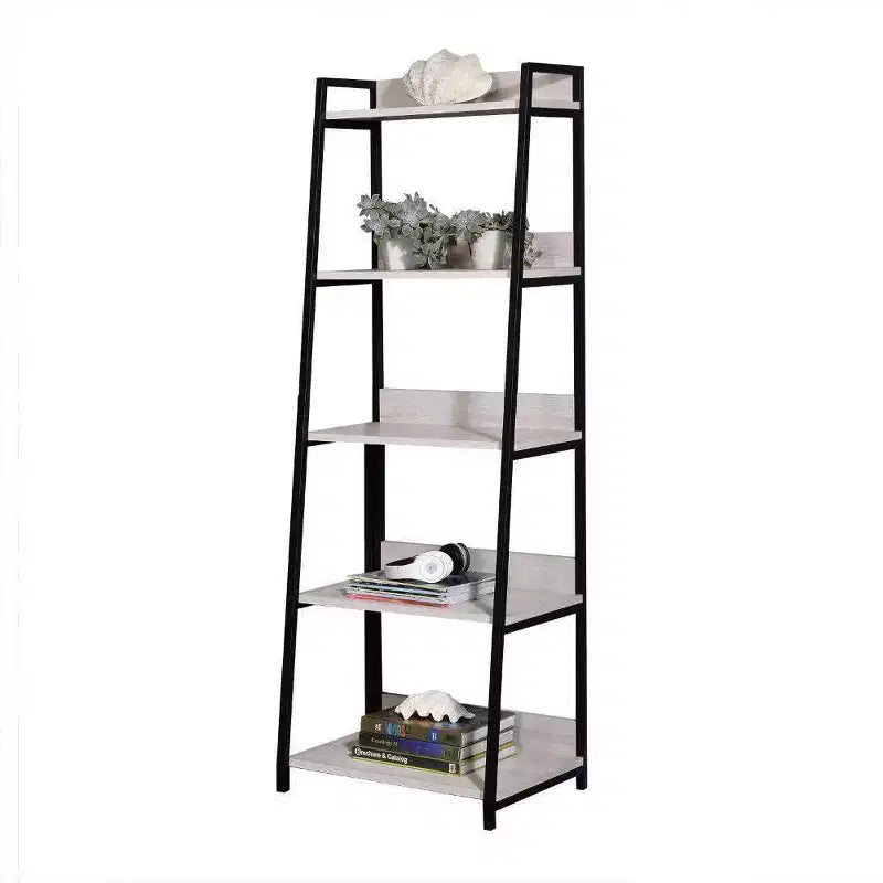 Acme Furniture 67" Wendral Bookshelf with 5 Open Compartment Natural/Black: Metal Frame, Ladder Style, Storage Display