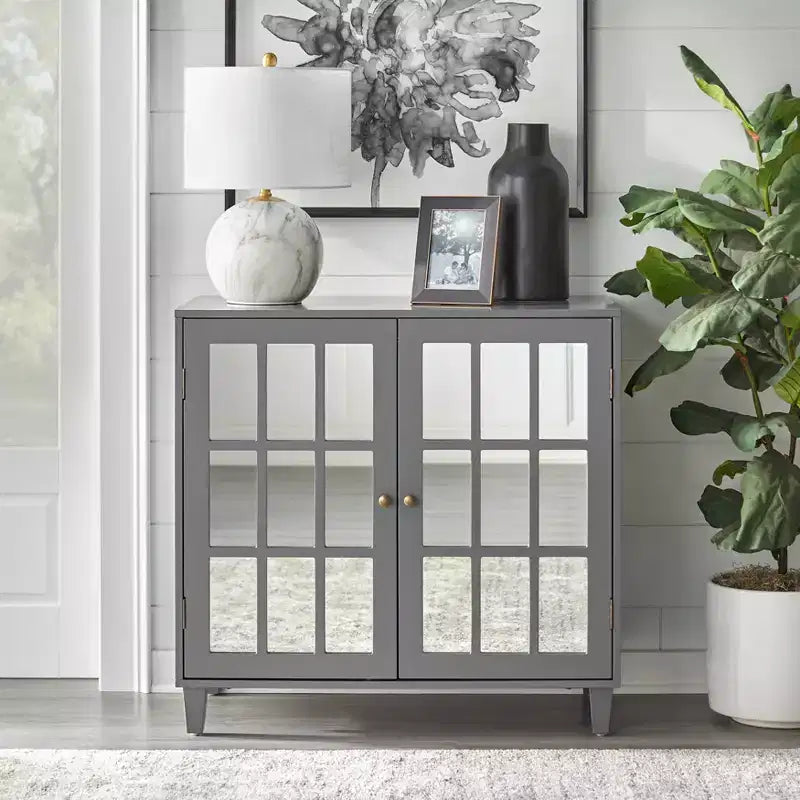 Lifestorey Matteo Armadietto Moderno con Ante a Specchio Grigio Antracite: Stile Moderno Rustico, Maniglie in Ottone, Ripiano Regolabile