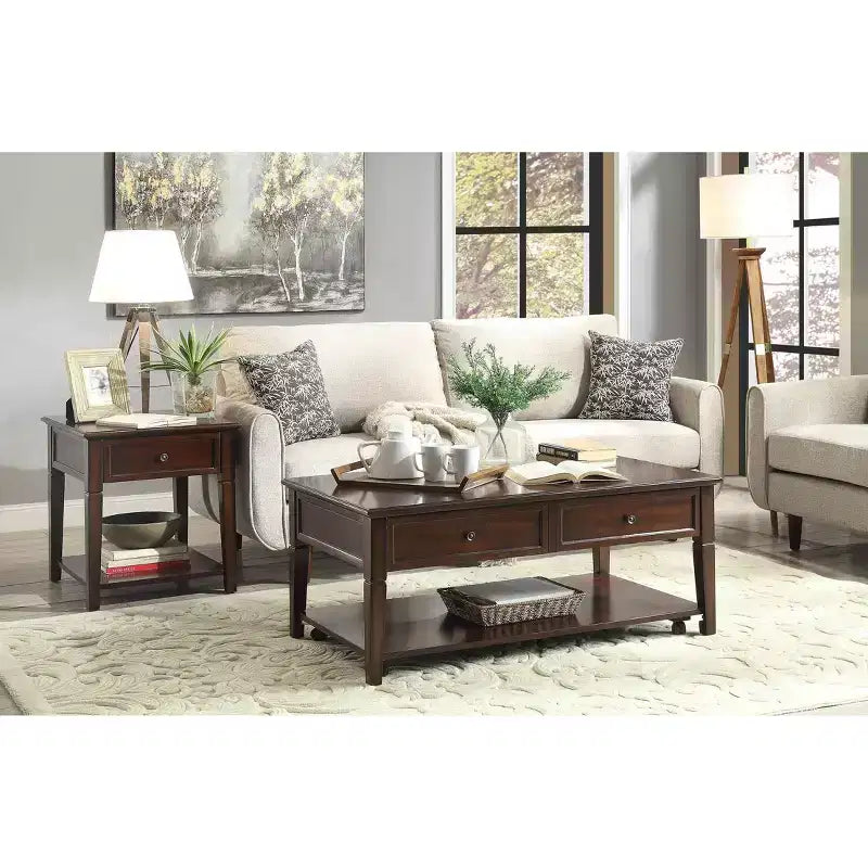 Acme Furniture Malachi End Table Walnut: Rectangular Side Table with Storage Drawer and Shelf