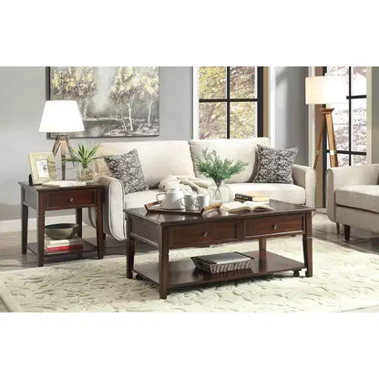 Acme Furniture Malachi End Table Walnut: Rectangular Side Table with Storage Drawer and Shelf