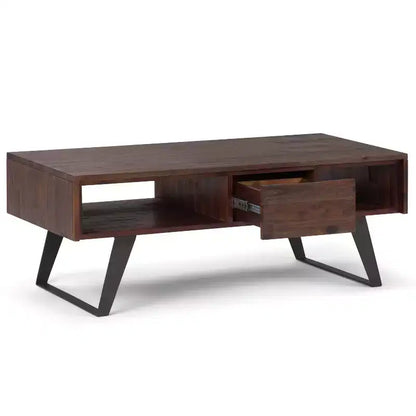 Tavolino Mitchell: industriale urbano, metallo e legno massello, cassetto portaoggetti - WyndenHall