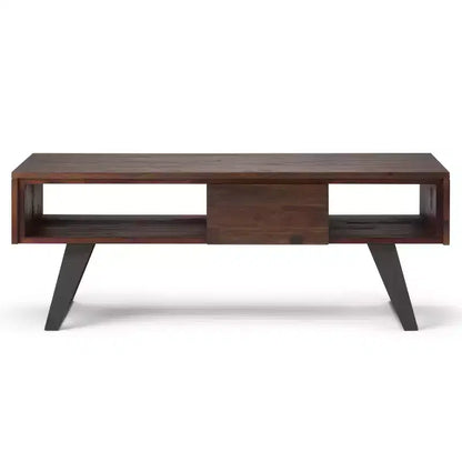Tavolino Mitchell: industriale urbano, metallo e legno massello, cassetto portaoggetti - WyndenHall