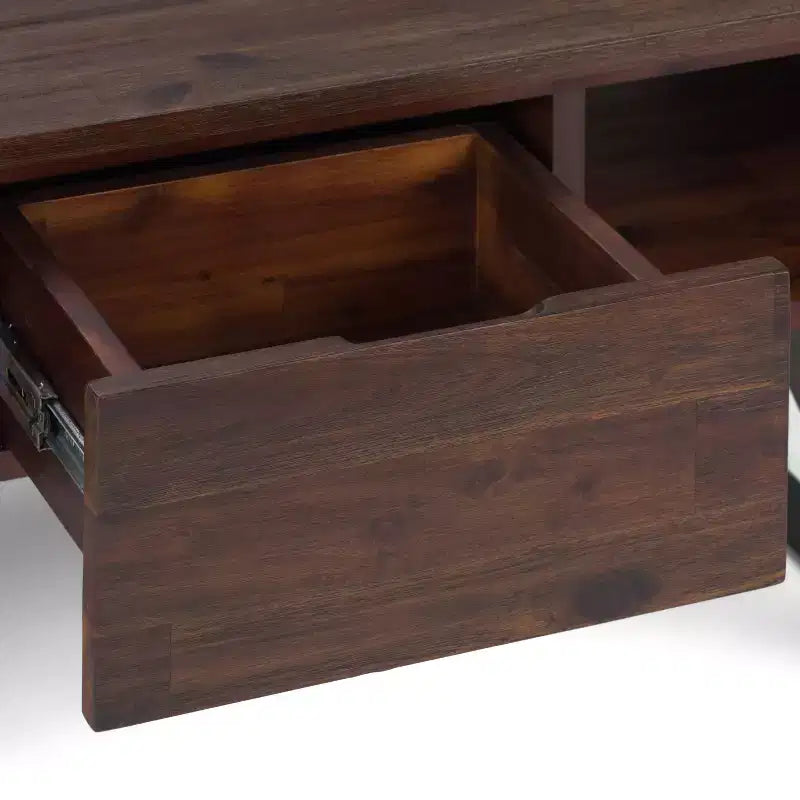 Tavolino Mitchell: industriale urbano, metallo e legno massello, cassetto portaoggetti - WyndenHall