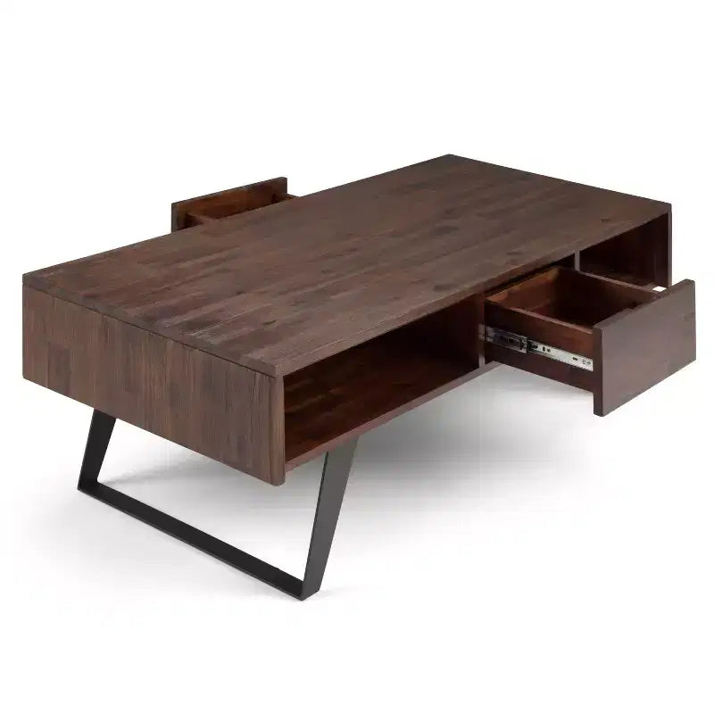 Tavolino Mitchell: industriale urbano, metallo e legno massello, cassetto portaoggetti - WyndenHall
