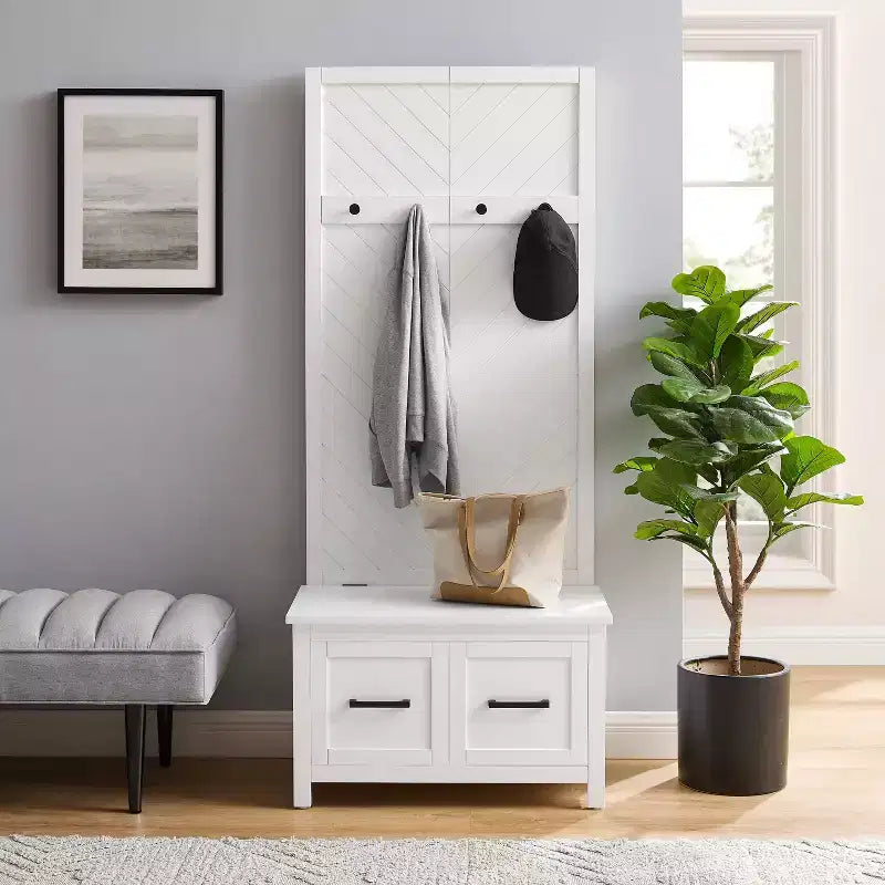 Kayce Hall Tree White - Crosley: Mudroom Storage Solution, Entryway Organizer with 4 Hooks, Veneer Finish