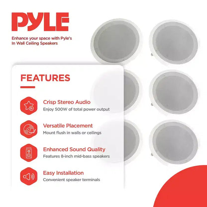 Pyle Sistema di Altoparlanti Home Audio Stereo a 2 Vie da Incasso a Parete/Soffitto da 8 Pollici, 6 Altoparlanti