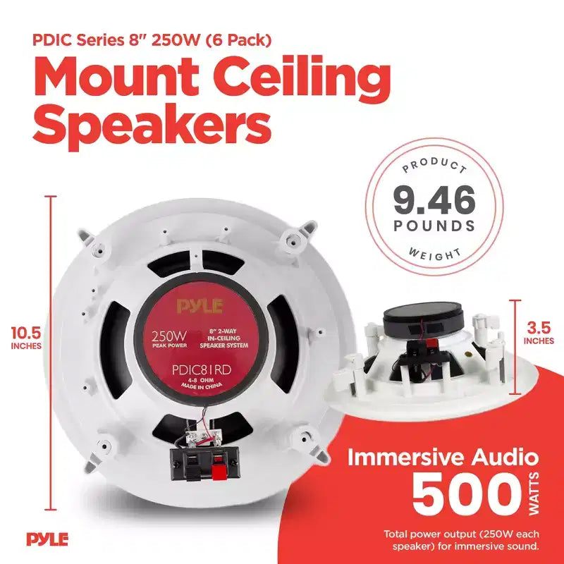 Pyle Sistema di Altoparlanti Home Audio Stereo a 2 Vie da Incasso a Parete/Soffitto da 8 Pollici, 6 Altoparlanti