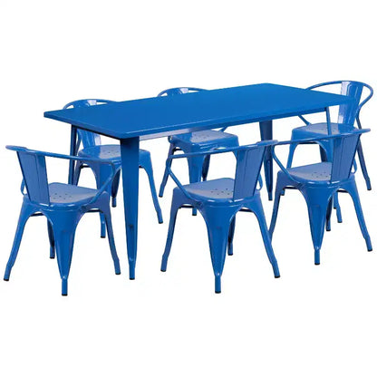 Set Tavolo Rettangolare per Interni ed Esterni in Metallo 80x160 cm con 6 Poltroncine, Grado Commerciale Flash Furniture